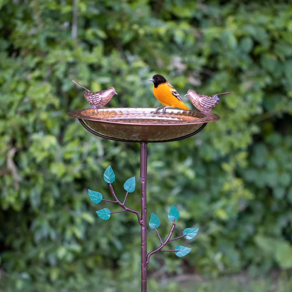 13" Pure Copper Bird Bath with Copper Birds and Decorative Garden Pole - Image 2
