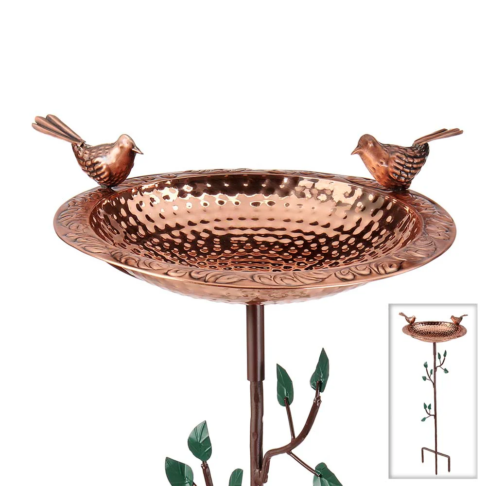 13" Pure Copper Bird Bath with Copper Birds and Decorative Garden Pole - Image 3