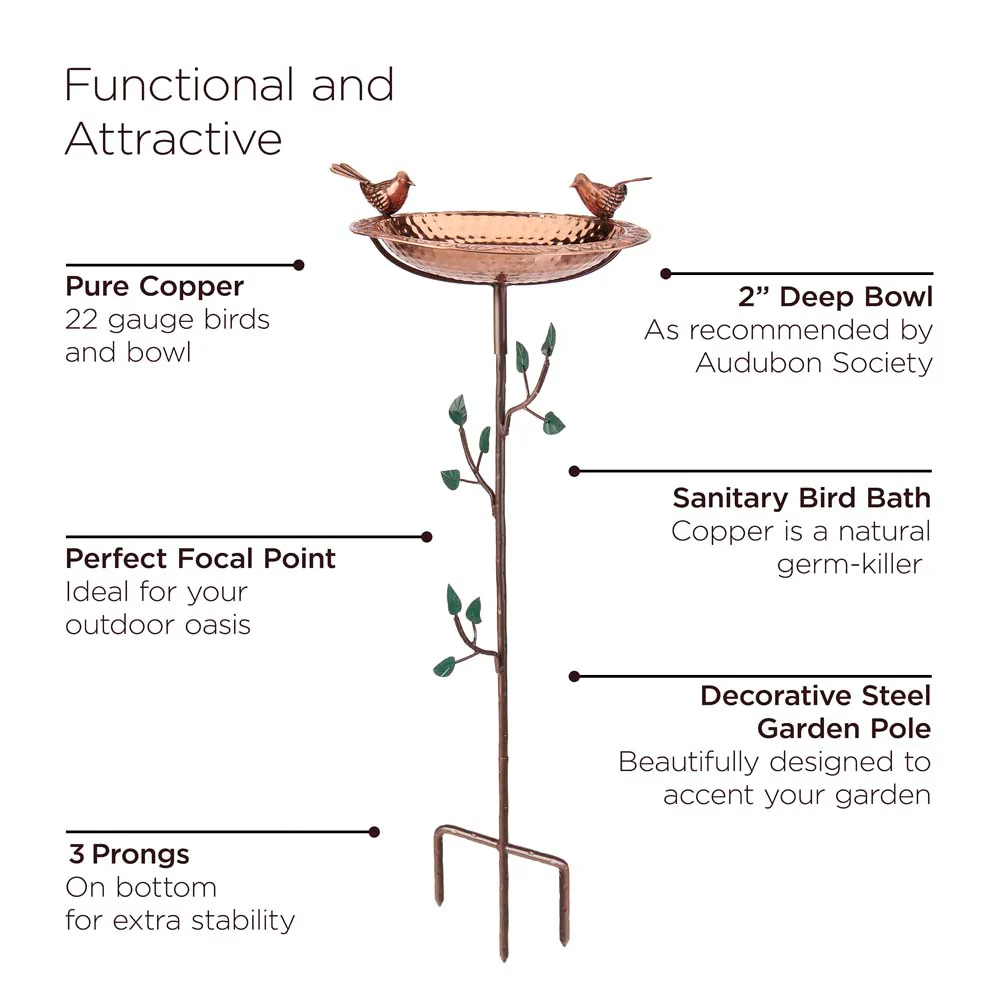 13" Pure Copper Bird Bath with Copper Birds and Decorative Garden Pole - Image 9