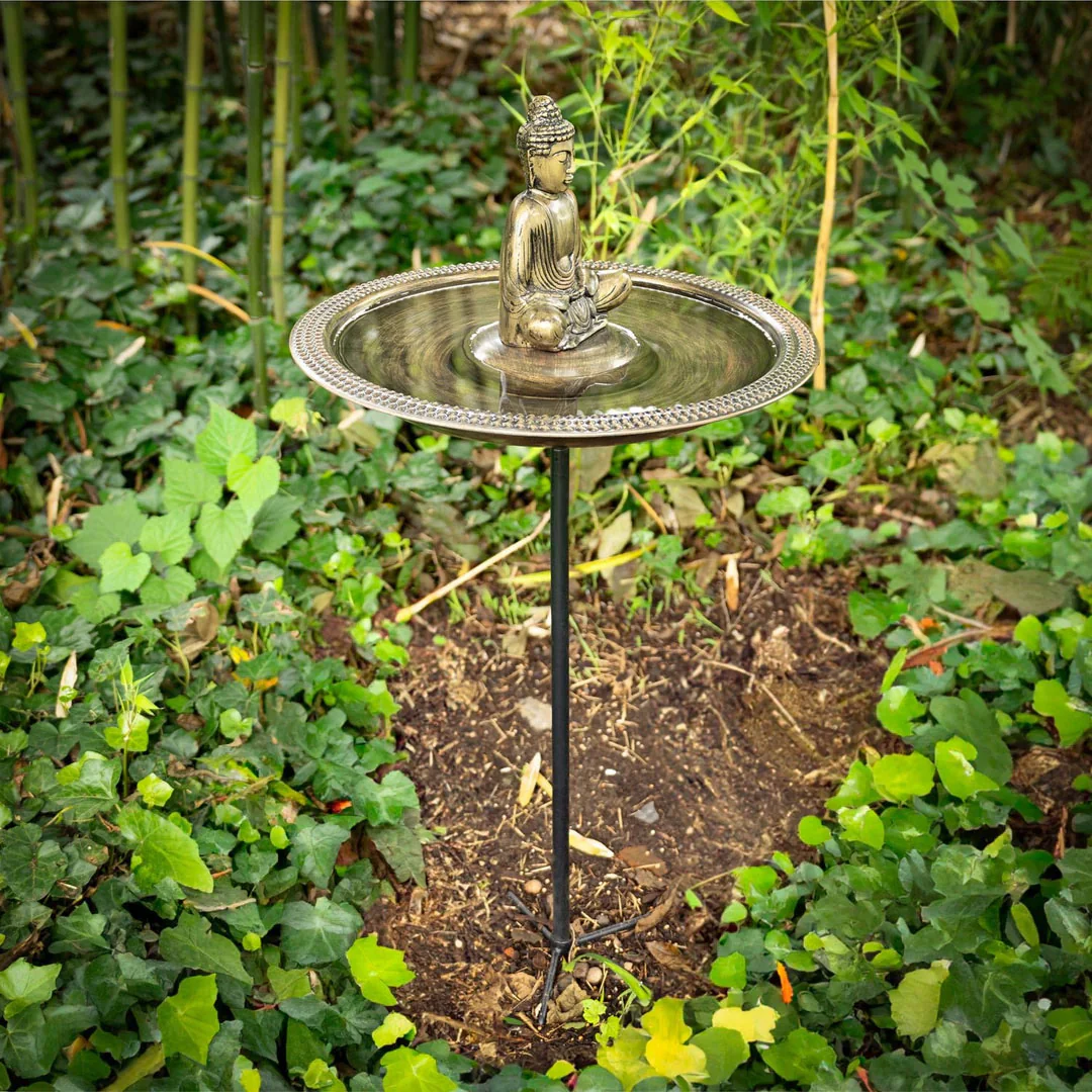 18" Beaded Copper Bird Bath with Buddha and Garden Pole - Image 2