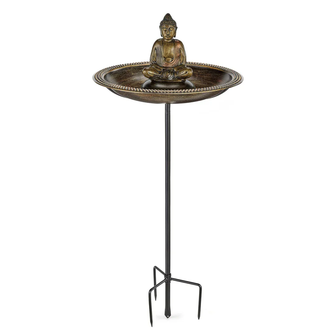 18" Beaded Copper Bird Bath with Buddha and Garden Pole - Image 3