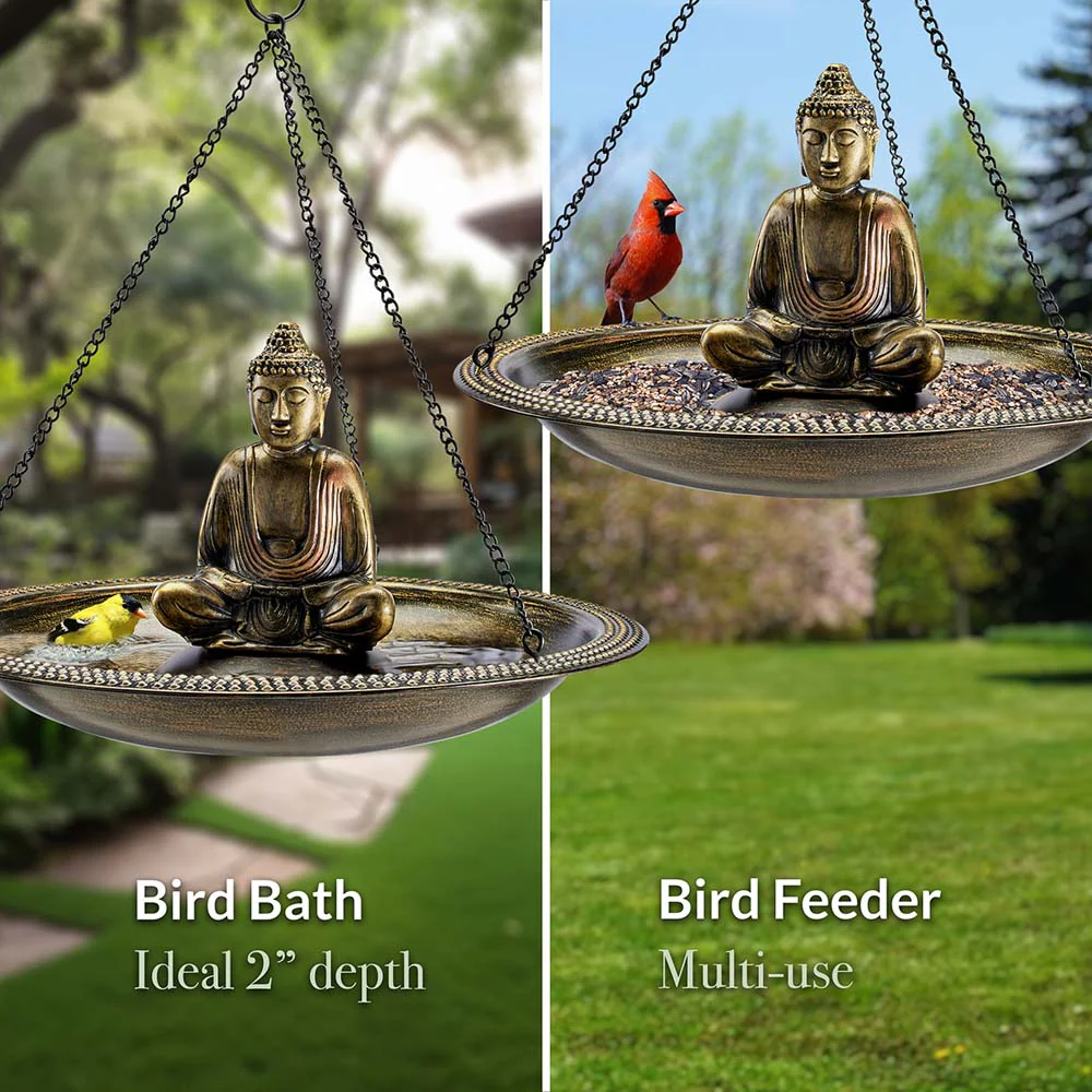 18" Hanging Aged Brass Bird Bath with Buddha - Image 2