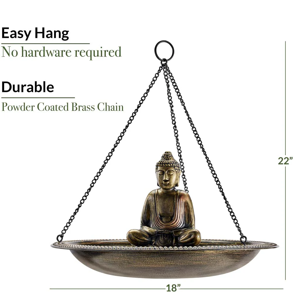 18" Hanging Aged Brass Bird Bath with Buddha - Image 4