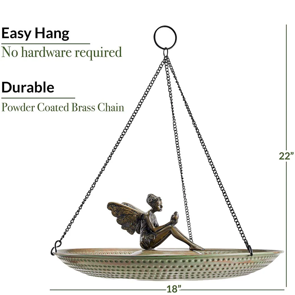 18" Hanging Blue Verde Copper Bird Bath with Fairy - Image 4