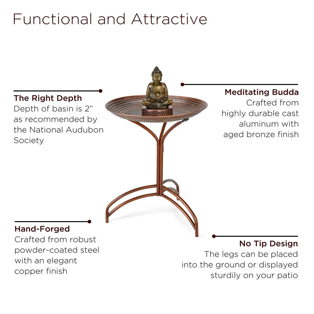 20" Copper Bird Bath with Buddha and Stand - Image 7
