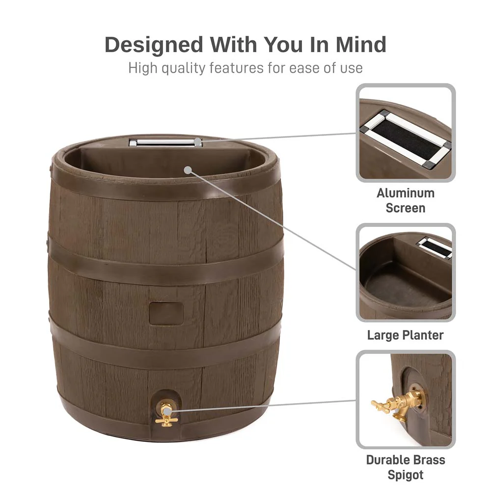 35 Gallon Wood Grain Rain Barrel with Planter - Image 11