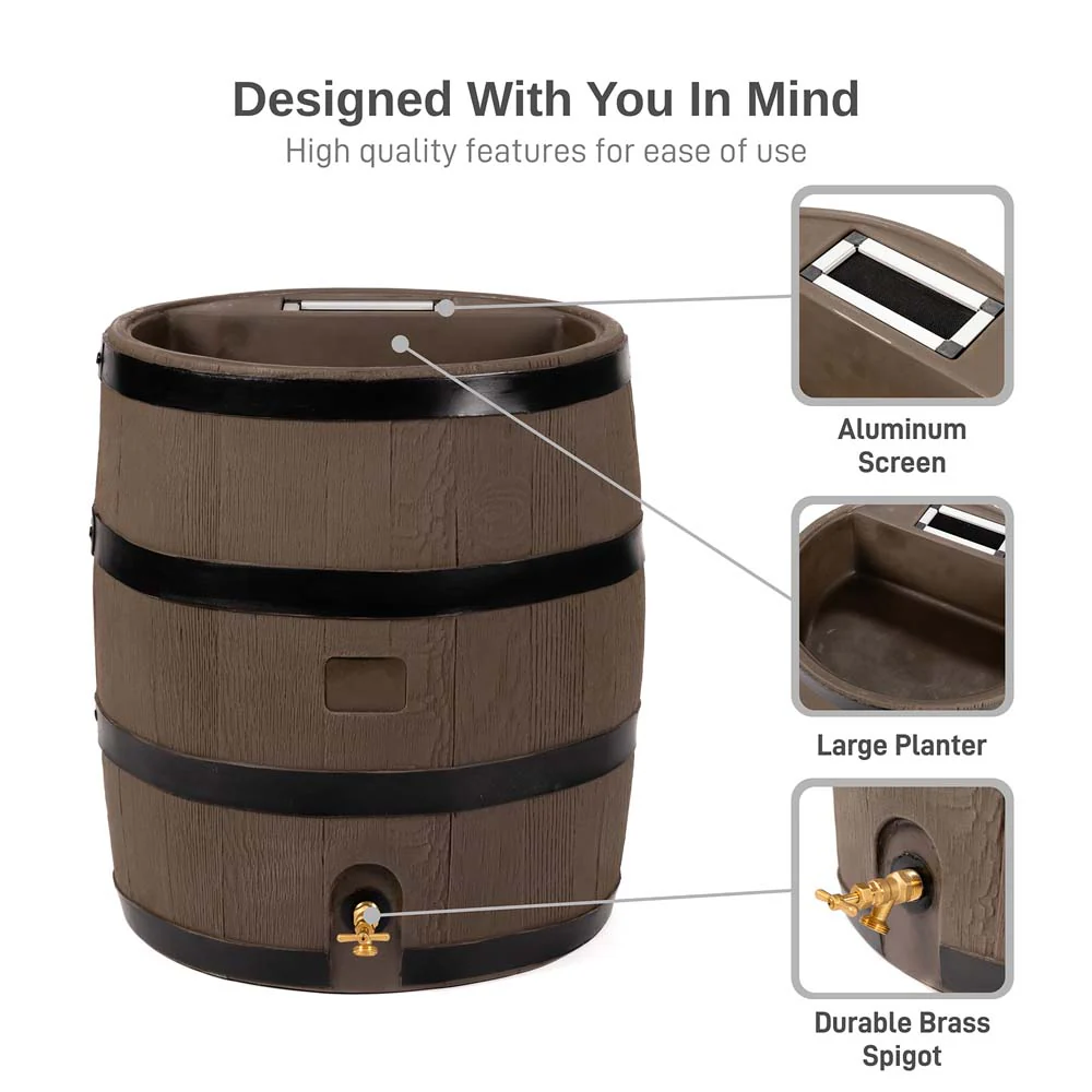 35 Gallon Wood Grain Rain Barrel with Planter - Image 2