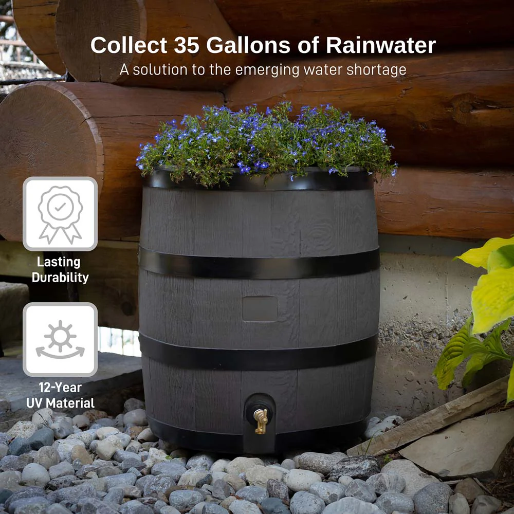 35 Gallon Wood Grain Rain Barrel with Planter - Image 5