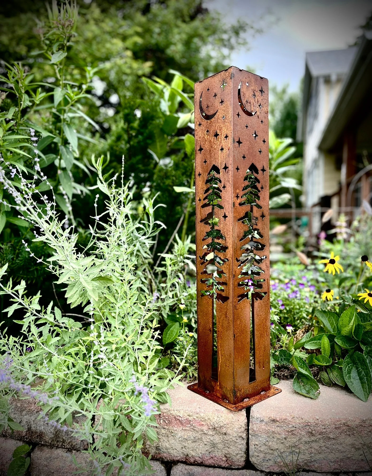 4-Sided Night Sky Pine Tree Solar Pillar - Steel - Image 5