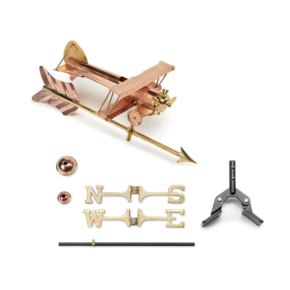 Biplane with Arrow Cottage Weathervane - Pure Copper w/Roof Mount - Image 2