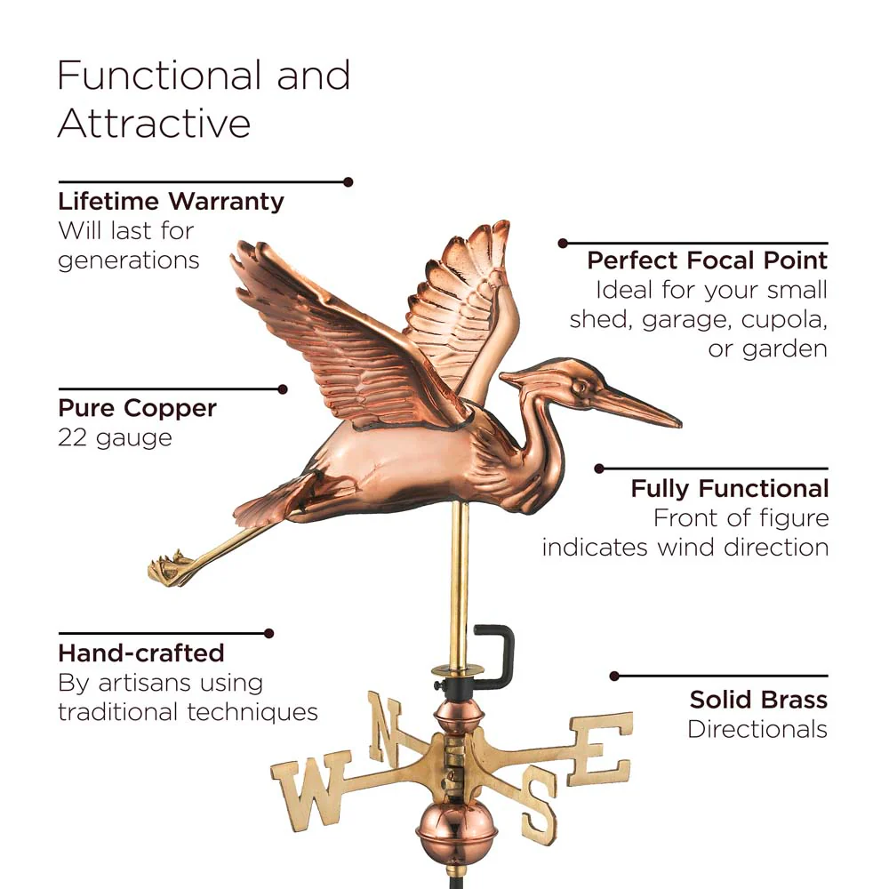 Blue Heron Garden Weathervane - Pure Copper w/Garden Pole - Image 2