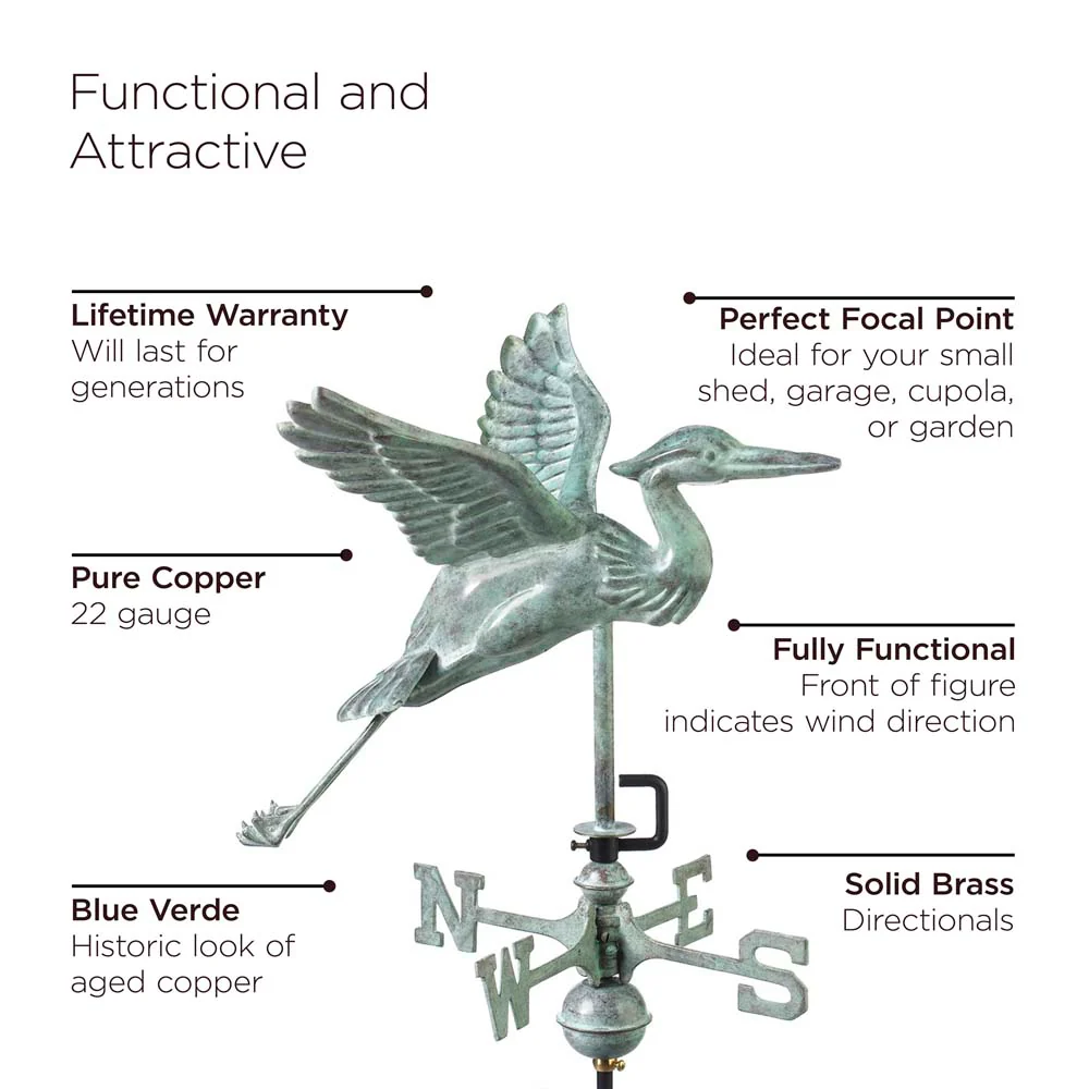 Blue Heron Garden Weathervane - Pure Copper w/Garden Pole - Image 6