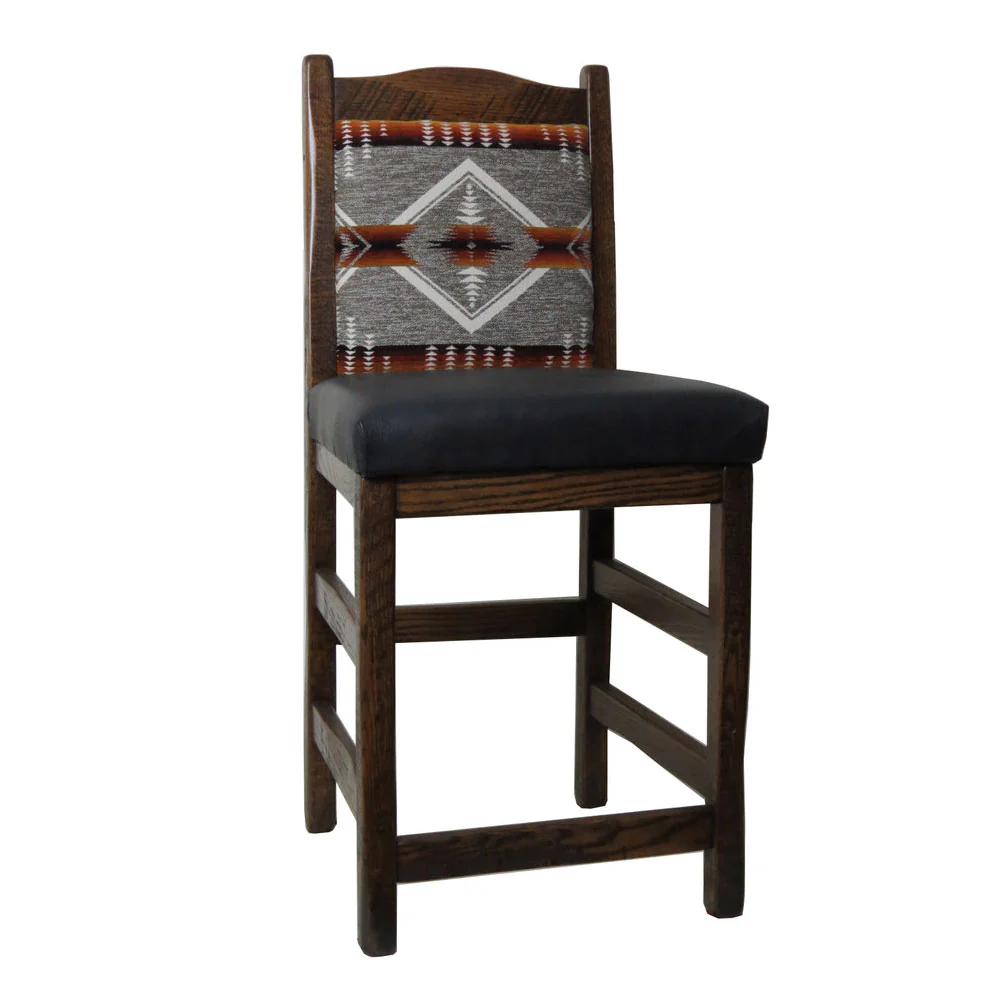 Distressed Bar Stool with Upholstered Back & Leather Seat - Image 2