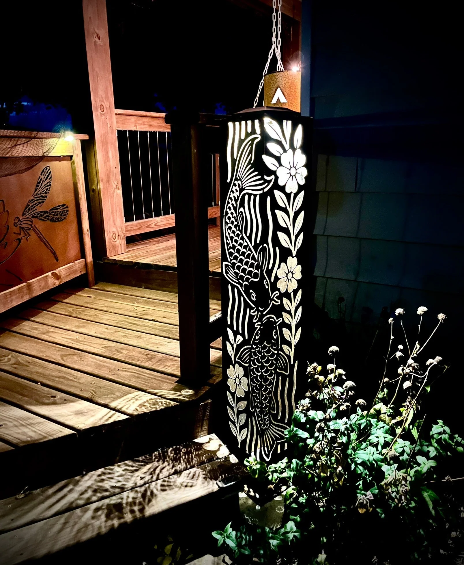 Floral Koi Steel Luminary Pillar | Multiple Sizes | Corten Available - Image 2