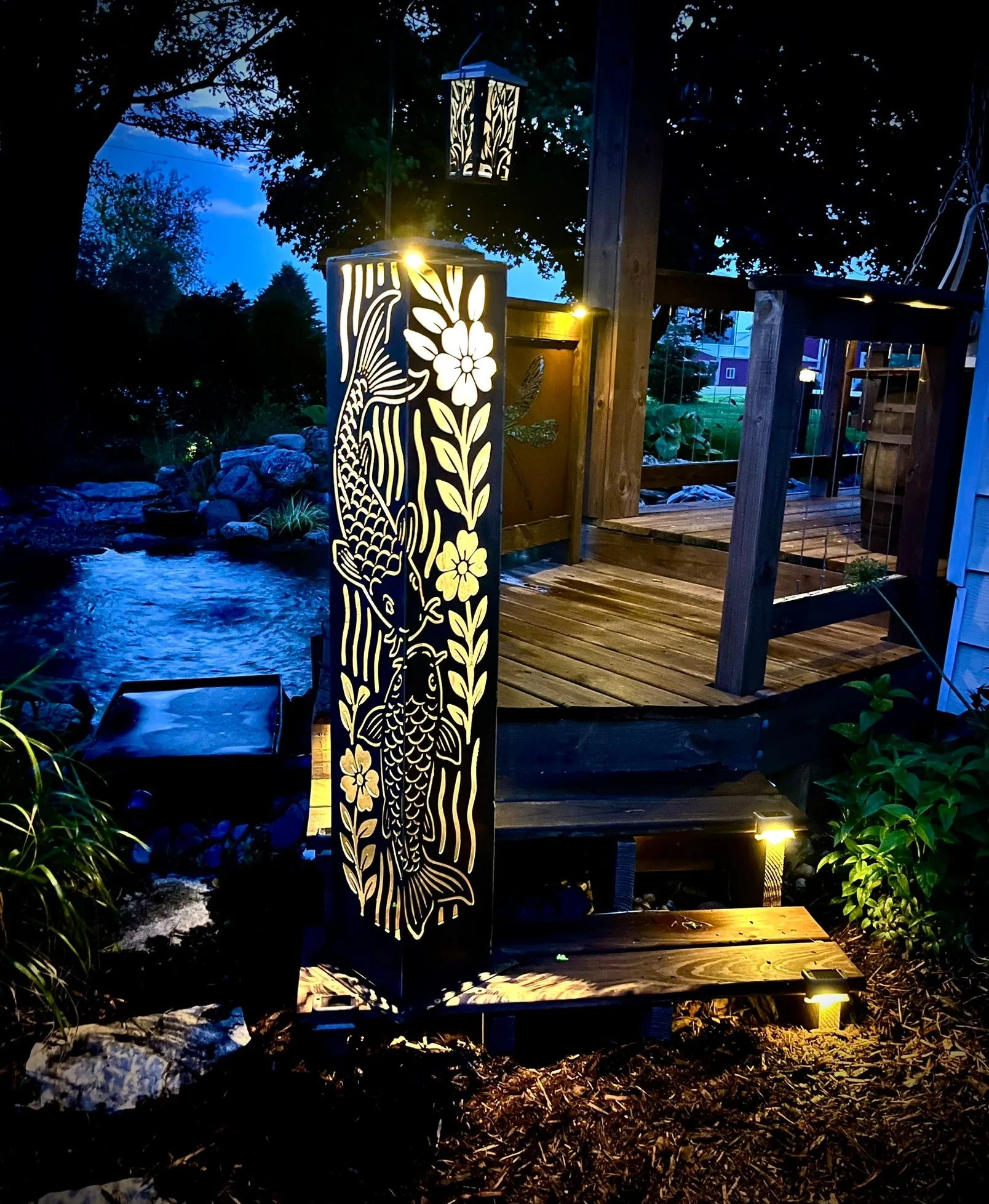 Floral Koi Steel Luminary Pillar | Multiple Sizes | Corten Available - Image 3