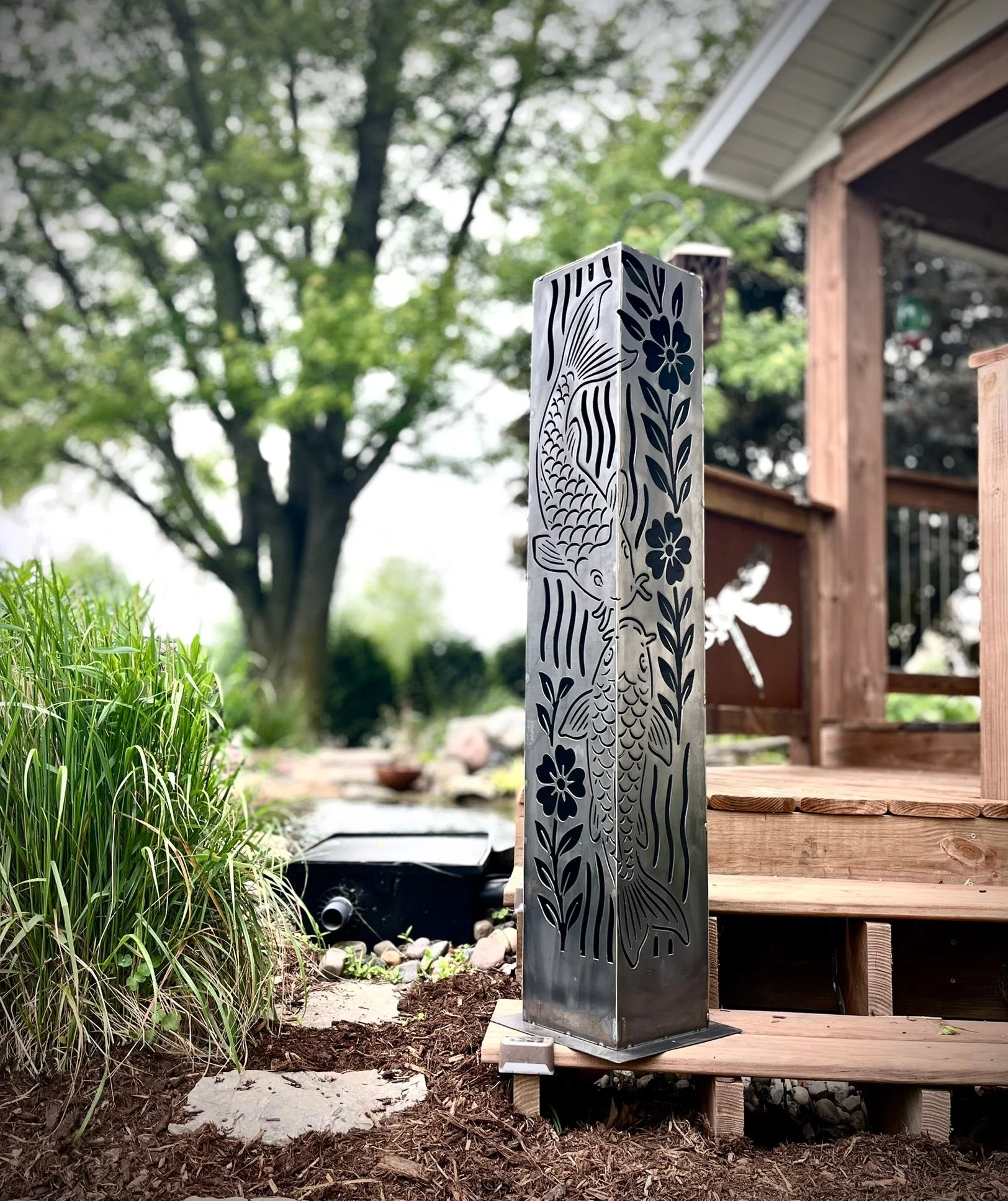Floral Koi Steel Luminary Pillar | Multiple Sizes | Corten Available - Image 4