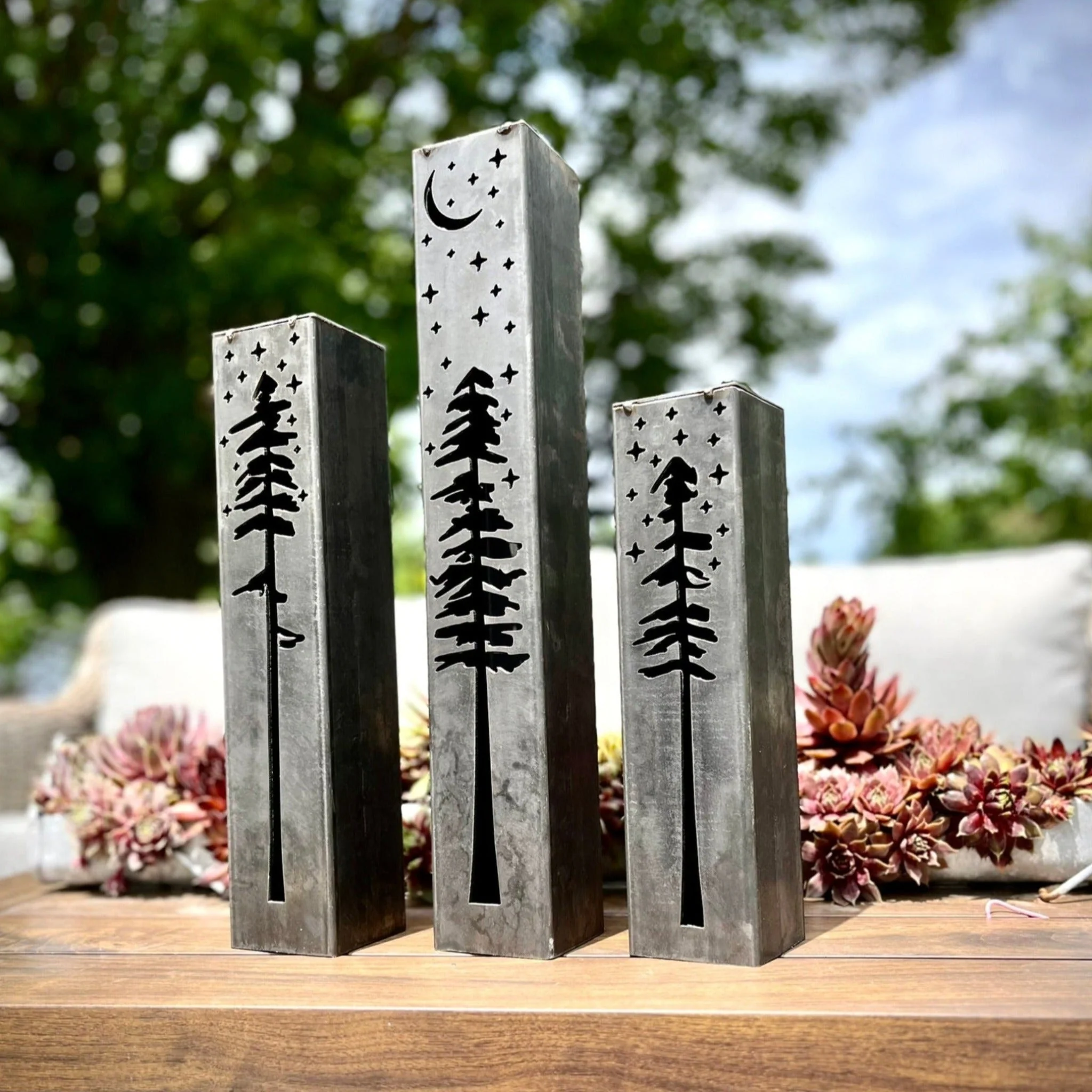 Pine Tree Night Sky Luminary Pillars w/ Solar Cap