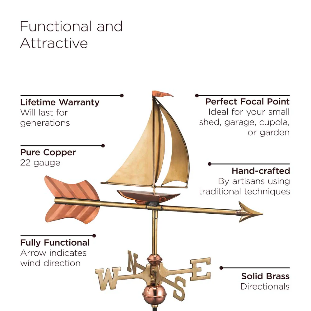 Sailboat Garden Weathervane - Pure Copper w/Garden Pole - Image 2