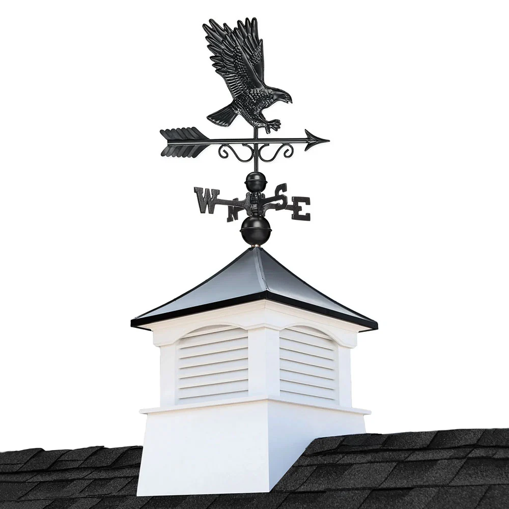 Square Coventry Vinyl Cupola with Black Aluminum Roof and Eagle Weathervane