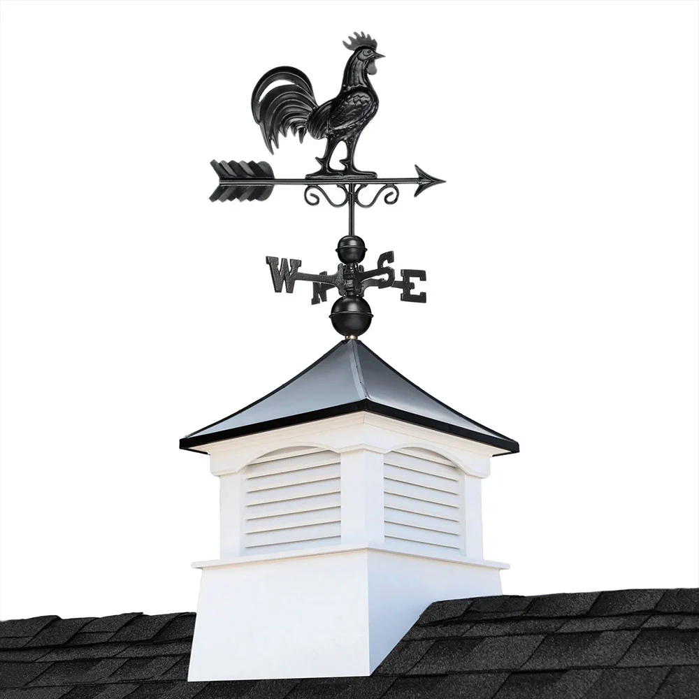 Square Coventry Vinyl Cupola with Black Aluminum Roof and Rooster Weathervane